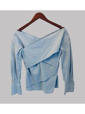 Theory Womens Light Blue Off-Shoulder Wrap Top S